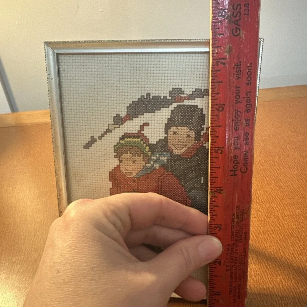 Vtg Crossstitch In Gold Grame Winter Holiday Sledding